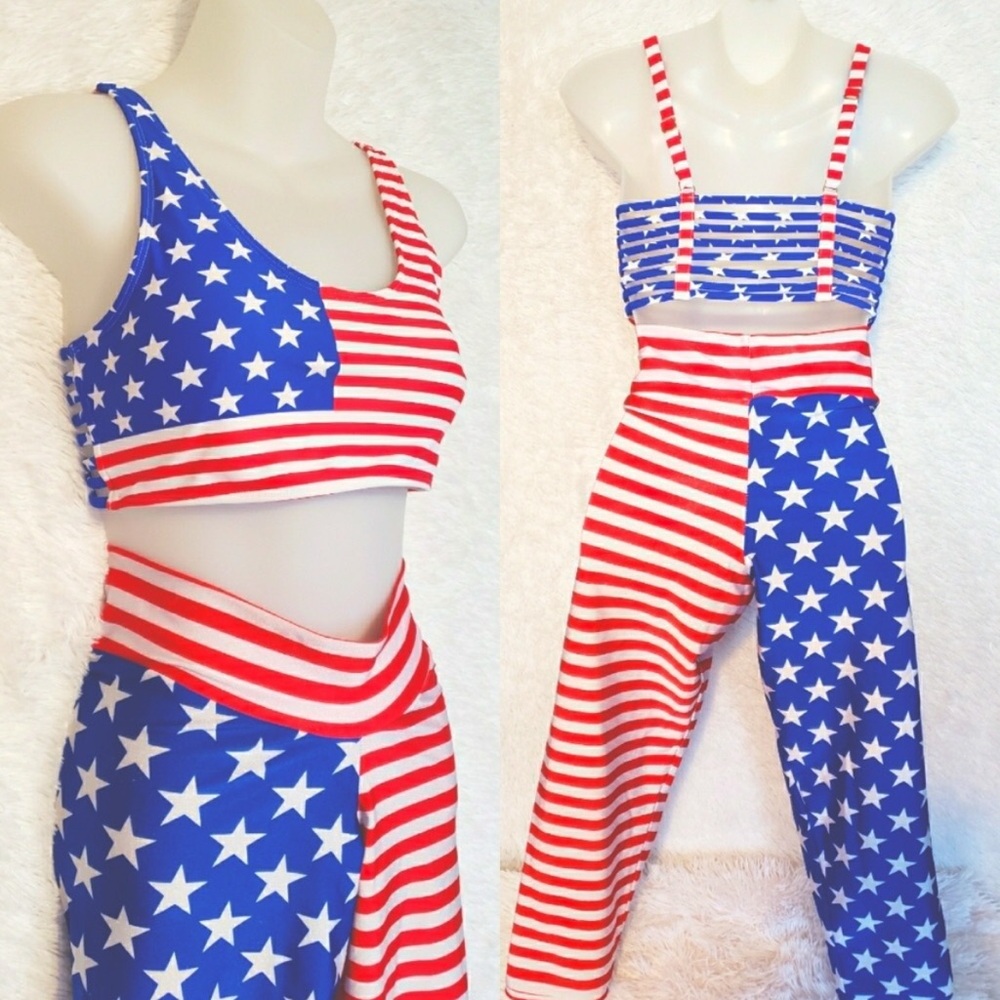 American Flag Patriotic Bathing suit Top with Vintage American Flag Leggings
